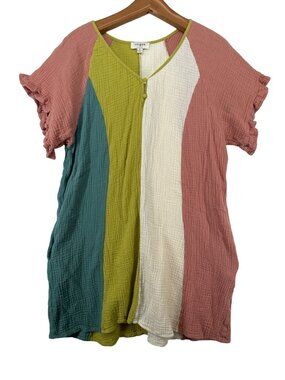 Umgee Mini Dress Sz M Colorblocked Slubbed Cotton Modern Lightwt Beachy Comfy